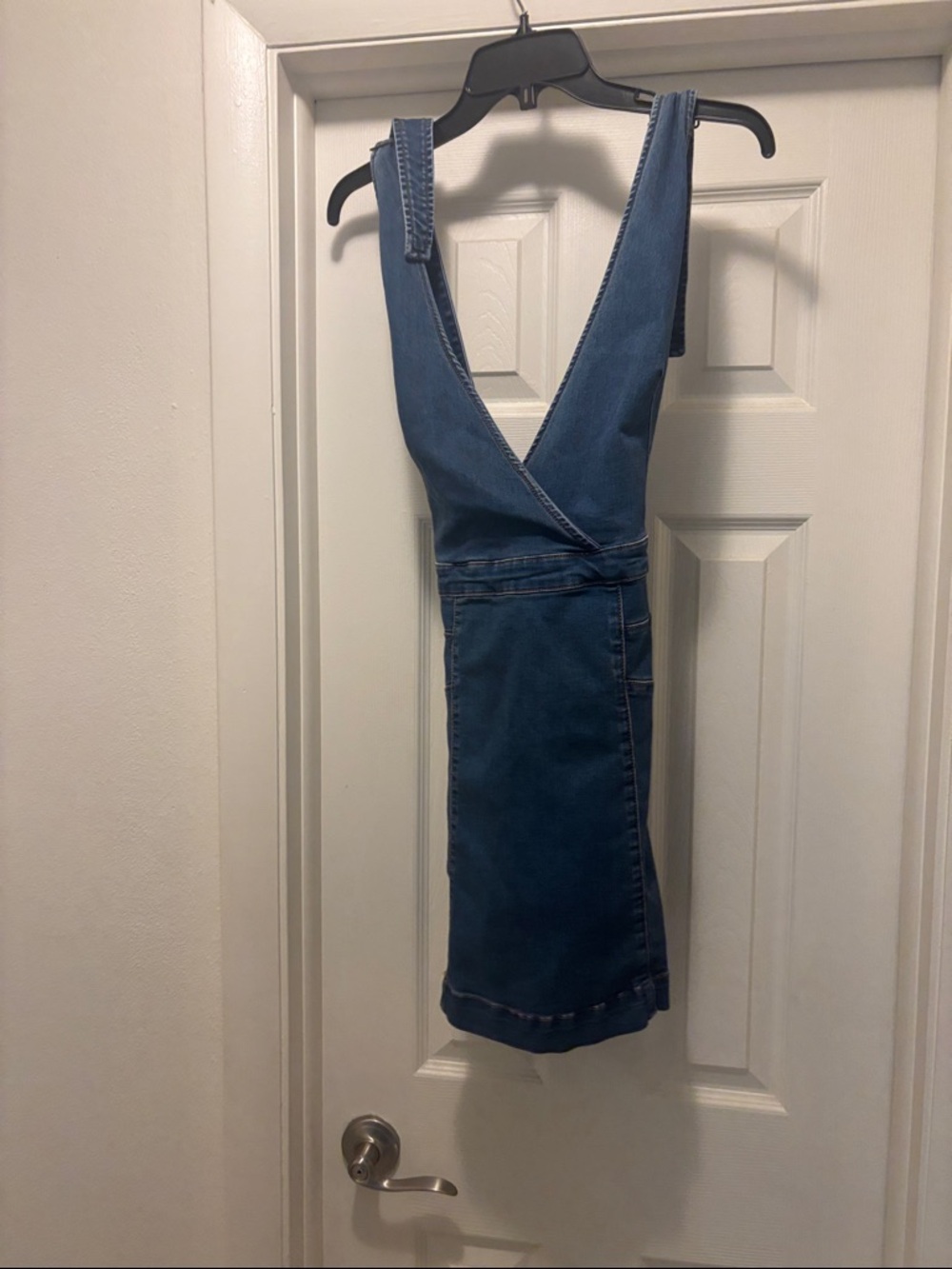 Free People Deep V Denim Overall Dress in Blue
